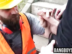 Bearded cock sucker orally services a big one for cash