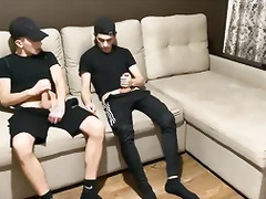 Straight jerk off with twink gay friend in sportswear (blowjob and cum in mouth)