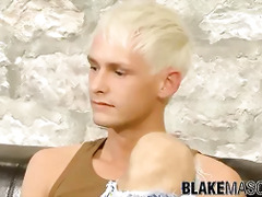 Tattooed twink Theo stroking hard big dick solo masturbation